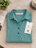 Women’s teal Blue Viscose Shirt Style Top | Collared Neck Full Sleeve Relaxed Fit Tunic | Elegant Casual Wear