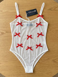 Women’s White Sheer Bodysuit with Red Bow Details and Adjustable Straps ( RDB38 )