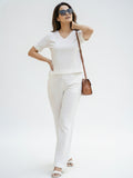 Women's Two Piece Set, White, V-Neck Top with Wide Leg Trousers, Short Sleeve