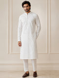 Men's Pure Cotton Embroidered White Kurta | Mandarin Collar | Full Sleeves | Ethnic Wear