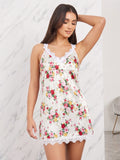 Women’s Floral Print Satin Nightdress with Lace Trim
