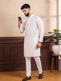 Men's White Self-Design Pure Cotton Straight Kurta | Mandarin Collar | Full Sleeves | Ethnic Wear