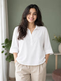 Women’s White Viscose Shirt Style Top | Collared Neck Full Sleeve Relaxed Fit Tunic | Elegant Casual Wear