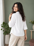 Women’s White Viscose Shirt Style Top | Collared Neck Full Sleeve Relaxed Fit Tunic | Elegant Casual Wear