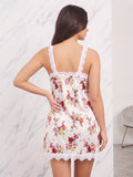 Women’s Floral Print Satin Nightdress with Lace Trim