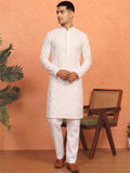Men's Pure Cotton Embroidered White Kurta | Mandarin Collar | Full Sleeves | Ethnic Wear