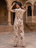 Women's Abstract Printed Cotton Night Suit Co-ord Set | Half Sleeve Top & Full-Length Pyjama | Soft & Breathable Sleepwear