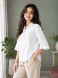 Women’s White Viscose Shirt Style Top | Collared Neck Full Sleeve Relaxed Fit Tunic | Elegant Casual Wear