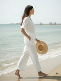 Women’s White Linen Co-Ord Lounge Set with Relaxed Fit Shirt & Pants