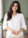 Women’s White Viscose Shirt Style Top | Collared Neck Full Sleeve Relaxed Fit Tunic | Elegant Casual Wear