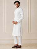 Men's Pure Cotton Embroidered White Kurta | Mandarin Collar | Full Sleeves | Ethnic Wear