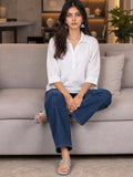 Women’s White Viscose Shirt Style Top | Collared Neck Full Sleeve Relaxed Fit Tunic | Elegant Casual Wear