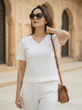 Women's Two Piece Set, White, V-Neck Top with Wide Leg Trousers, Short Sleeve