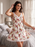 Women’s Floral Print Satin Nightdress with Lace Trim