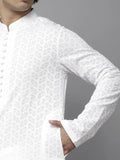 Men's Pure Cotton Embroidered White Kurta | Mandarin Collar | Full Sleeves | Ethnic Wear