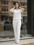 Women's Two Piece Set, White, V-Neck Top with Wide Leg Trousers, Short Sleeve