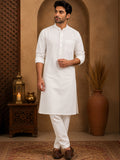 Men’s White Jacquard Kurta with Mandarin Collar and Front Pocket