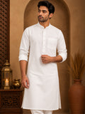 Men’s White Jacquard Kurta with Mandarin Collar and Front Pocket