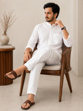 Men’s White Jacquard Kurta with Mandarin Collar and Front Pocket