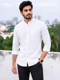 Men's White Self-Design Pure Cotton Straight Kurta | Mandarin Collar | Full Sleev
