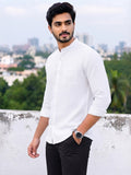 Men's White Self-Design Pure Cotton Straight Kurta | Mandarin Collar | Full Sleev