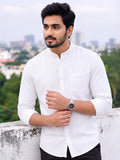 Men's White Self-Design Pure Cotton Straight Kurta | Mandarin Collar | Full Sleev