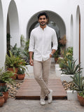 Men's White Self-Design Pure Cotton Straight Kurta | Mandarin Collar | Full Sleev