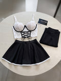 Women’s Lace Corset Lingerie Set with Skater Skirt and Bow-Detail Stockings