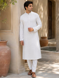 Men's White Self-Design Pure Cotton Straight Kurta | Mandarin Collar | Full Sleeves | Ethnic Wear
