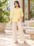 Women’s Light Yellow Rayon 3/4 Sleeve Button-Detail Top