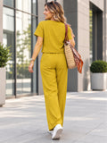 Women’s Mustard Yellow Cotton Linen V-Neck Half Sleeve Co-Ord Top