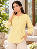 Women’s Light Yellow Rayon 3/4 Sleeve Button-Detail Top
