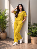 Women’s Mustard Yellow Cotton Linen V-Neck Half Sleeve Co-Ord Top