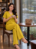 Women’s Mustard Yellow Cotton Linen V-Neck Half Sleeve Co-Ord Top
