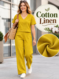 Women’s Mustard Yellow Cotton Linen V-Neck Half Sleeve Co-Ord Top