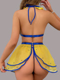 Women’s Yellow and Blue Mesh Babydoll Lingerie Set with Flared Skirt ( RDB02 )