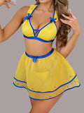 Women’s Yellow and Blue Mesh Babydoll Lingerie Set with Flared Skirt ( RDB02 )