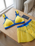 Women’s Yellow and Blue Mesh Babydoll Lingerie Set with Flared Skirt ( RDB02 )