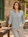 Women’s Pure Cotton Striped Shirt Top | 3/4 Sleeve Casual Button-Down Tunic | Comfortable Regular Fit