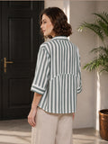 Women’s Pure Cotton Striped Shirt Top | 3/4 Sleeve Casual Button-Down Tunic | Comfortable Regular Fit