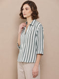 Women’s Pure Cotton Striped Shirt Top | 3/4 Sleeve Casual Button-Down Tunic | Comfortable Regular Fit