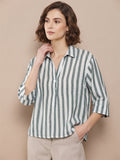 Women’s Pure Cotton Striped Shirt Top | 3/4 Sleeve Casual Button-Down Tunic | Comfortable Regular Fit