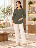 Women’s Rayon Solid Regular Fit Top with Round Neck, Front Button Detailing & 3/4 Sleeves