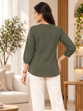 Women’s Rayon Solid Regular Fit Top with Round Neck, Front Button Detailing & 3/4 Sleeves