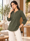 Women’s Rayon Solid Regular Fit Top with Round Neck, Front Button Detailing & 3/4 Sleeves